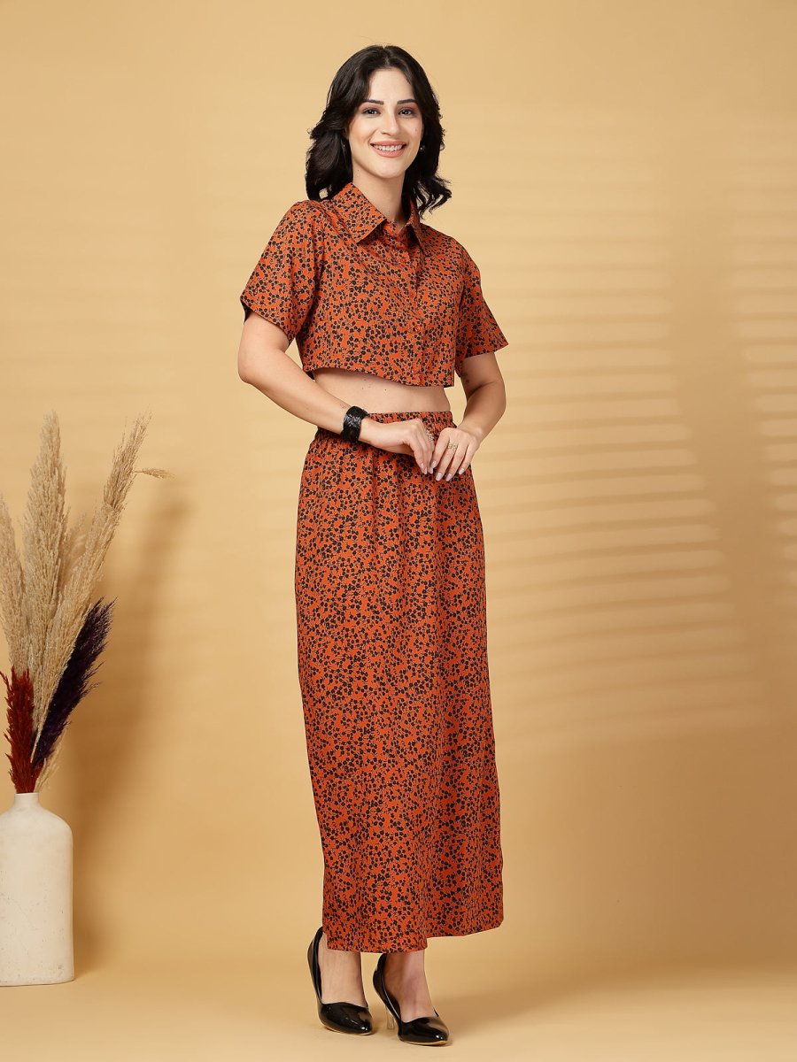 Rust Printed Top With Skirt Co-Ords