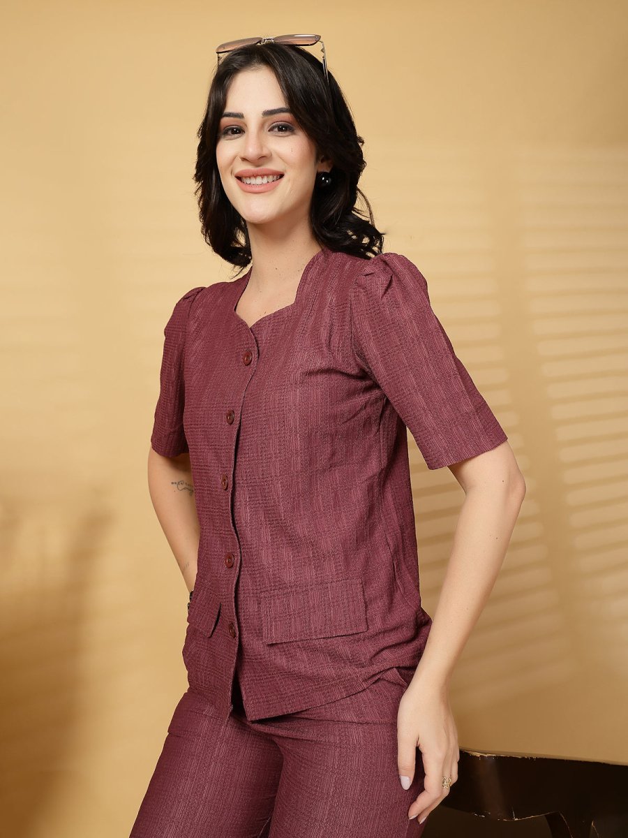 Rust Solid Shirt With Trouser Co-Ords Set