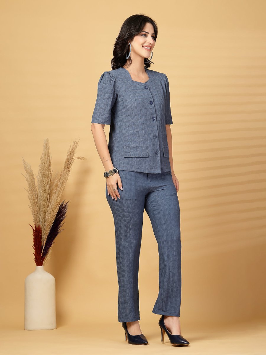 Blue Solid Shirt With Trouser Co-Ords Set