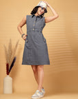 Grey Solid Shirt Collar Dress