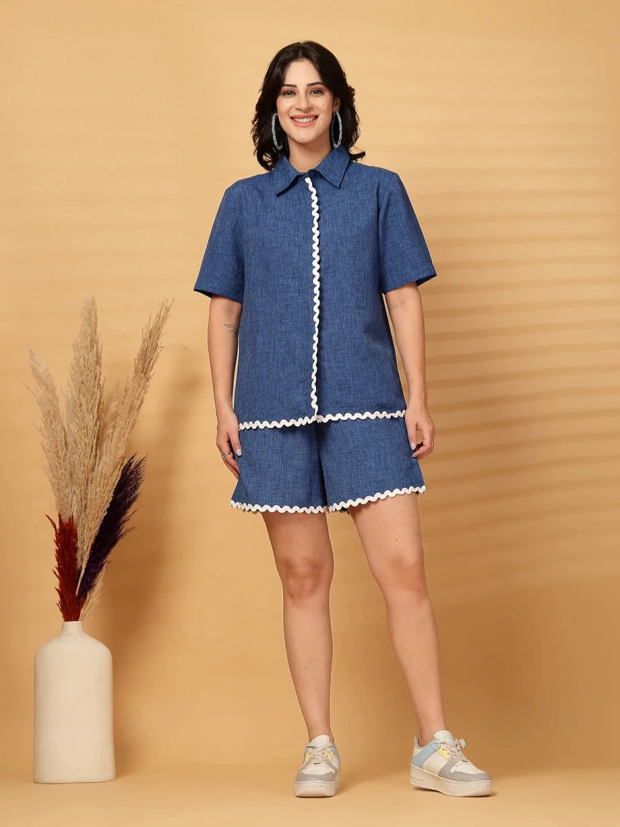 Navy Blue Solid Cotton Shirt With Shorts Co-Ords Set