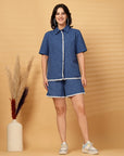 Navy Blue Solid Cotton Shirt With Shorts Co-Ords Set