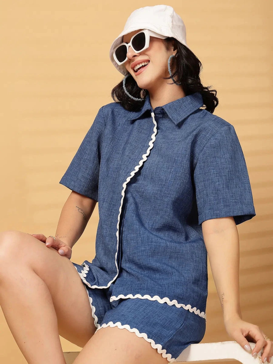 Navy Blue Solid Cotton Shirt With Shorts Co-Ords Set