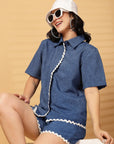 Navy Blue Solid Cotton Shirt With Shorts Co-Ords Set