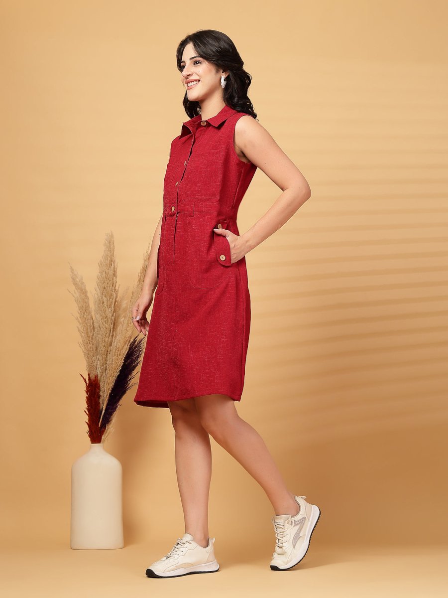 Red Solid Shirt Collar Dress