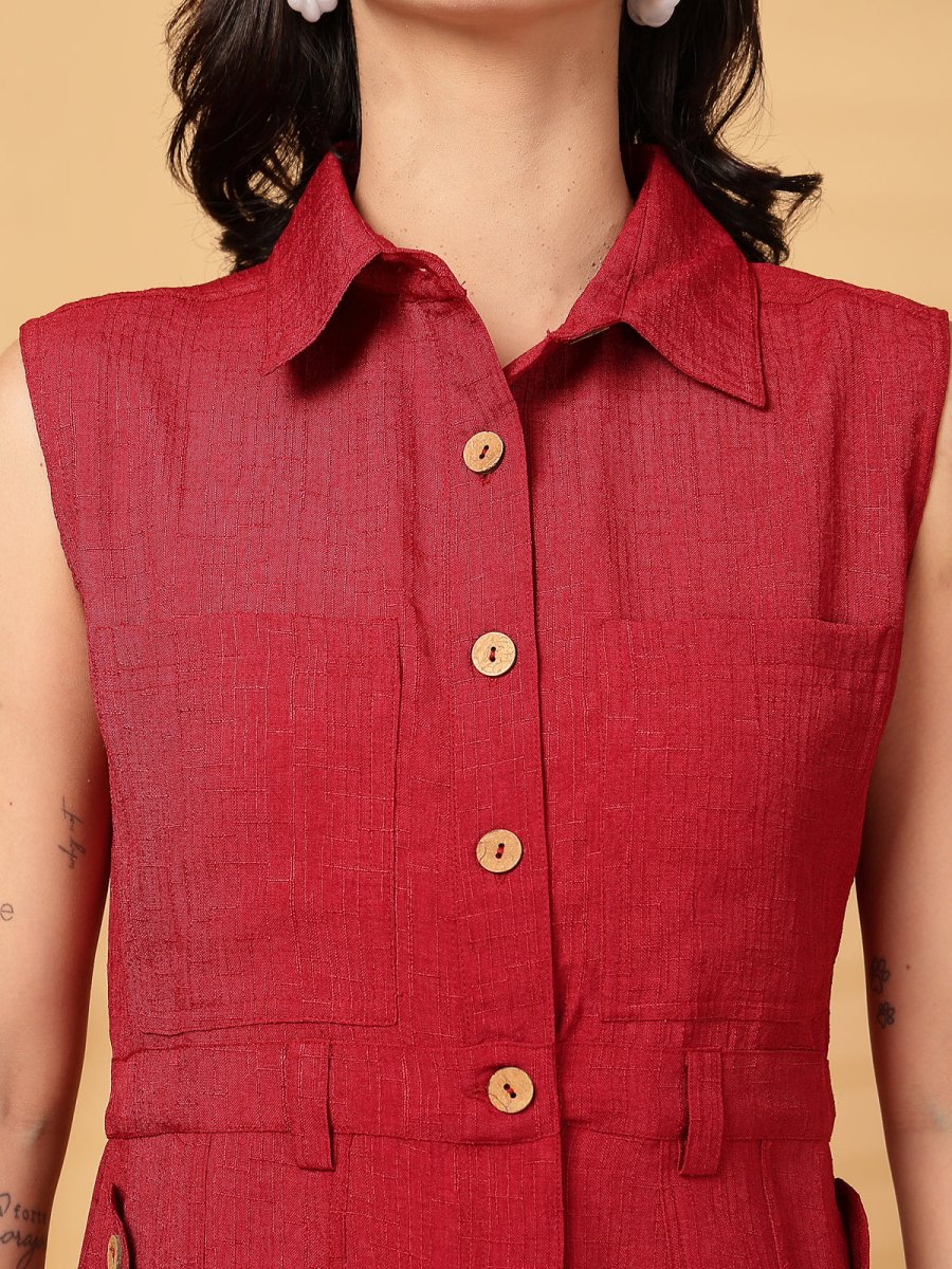 Red Solid Shirt Collar Dress