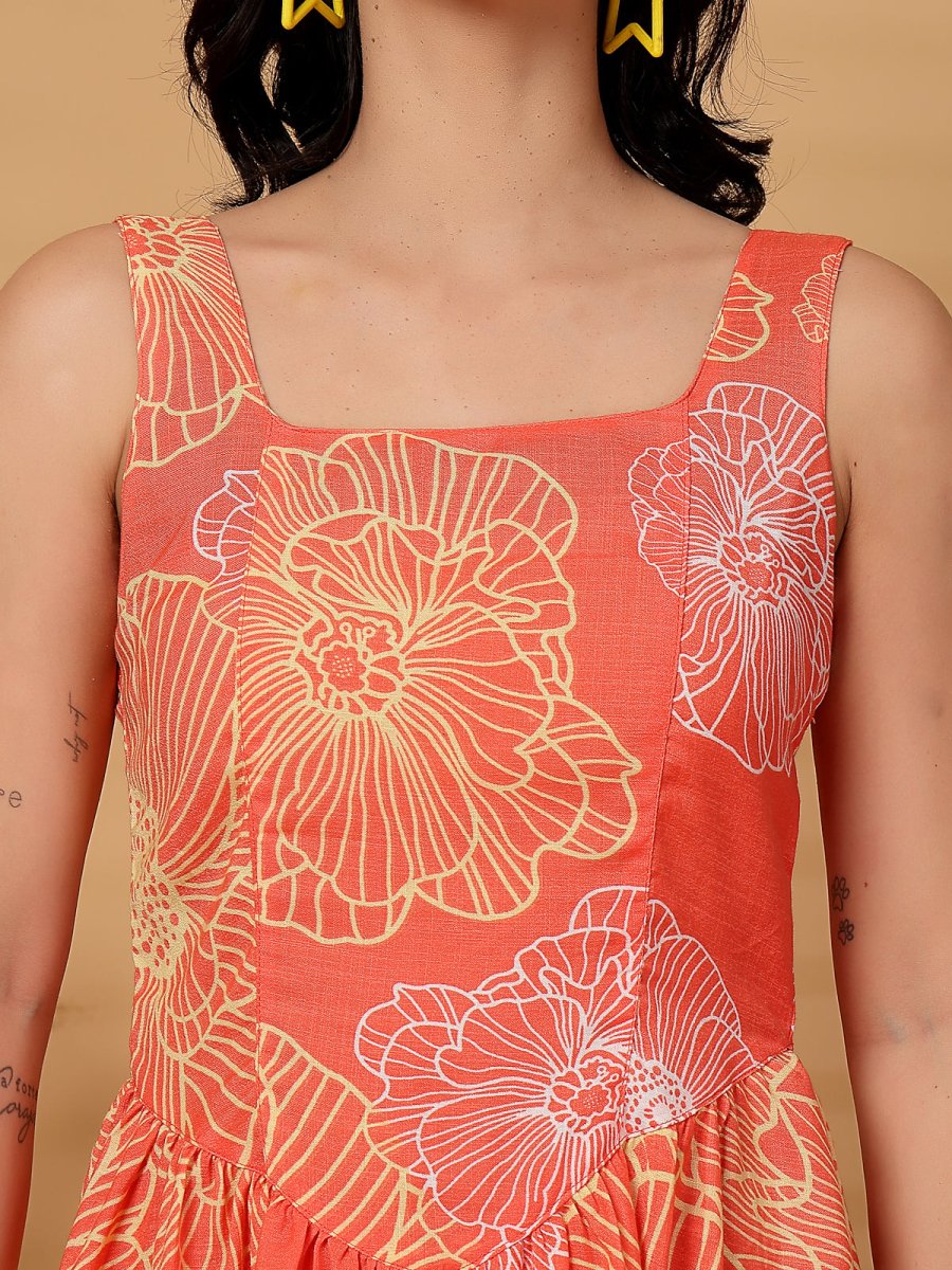 Orange Floral Print fit &amp; flare Dress
