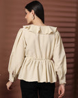 Beige Solid V-Neck Puff Sleeve Empire Top