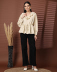 Beige Solid V-Neck Puff Sleeve Empire Top