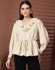 Beige Solid V-Neck Puff Sleeve Empire Top