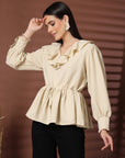 Beige Solid V-Neck Puff Sleeve Empire Top