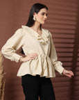 Beige Solid V-Neck Puff Sleeve Empire Top