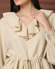 Beige Solid V-Neck Puff Sleeve Empire Top