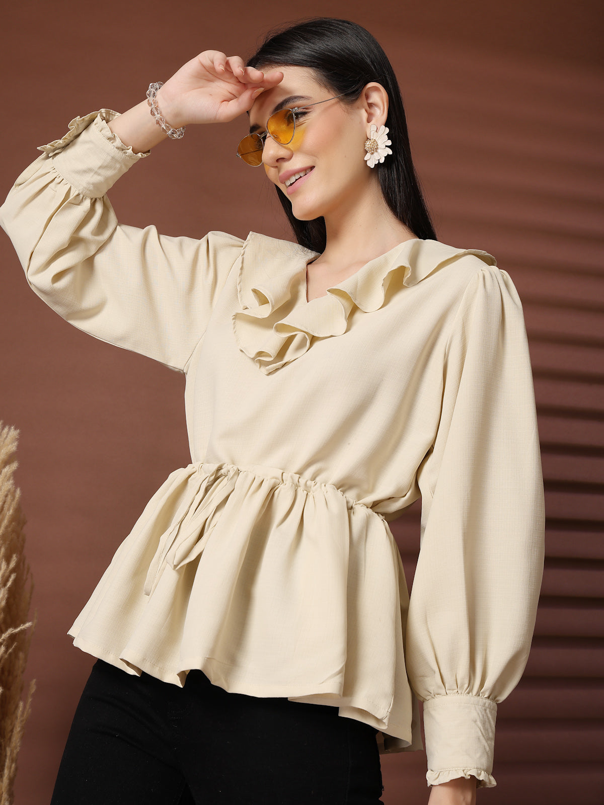 Beige Solid V-Neck Puff Sleeve Empire Top