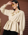 Beige Solid V-Neck Puff Sleeve Empire Top