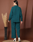 Solid Teal Pure Cotton Shirt With Trousers Co-Ords Sets