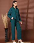Solid Teal Pure Cotton Shirt With Trousers Co-Ords Sets