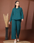 Solid Teal Pure Cotton Shirt With Trousers Co-Ords Sets