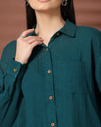 Solid Teal Pure Cotton Shirt With Trousers Co-Ords Sets