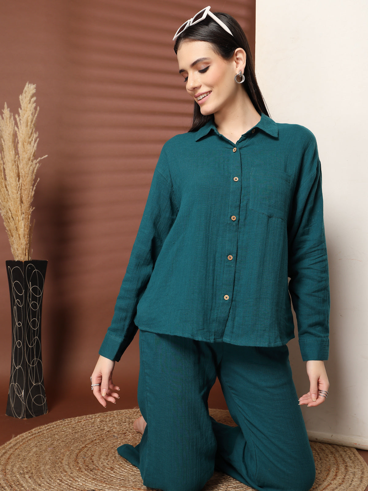 Solid Teal Pure Cotton Shirt With Trousers Co-Ords Sets
