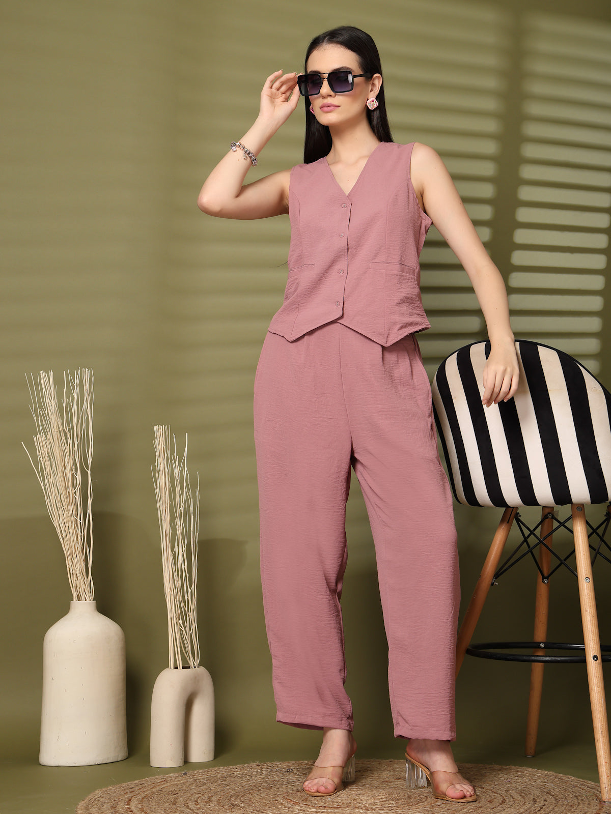 Pink Solid Top With Trousers Co-Ords Sets