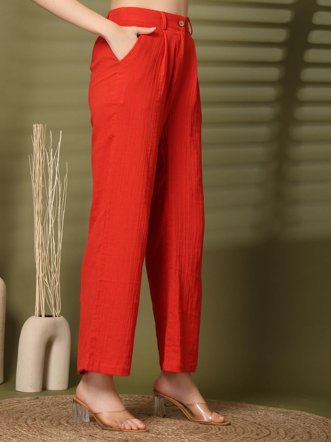 Solid Red Pure Cotton Shirt With Trousers Co-Ords Sets