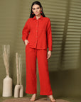 Solid Red Pure Cotton Shirt With Trousers Co-Ords Sets