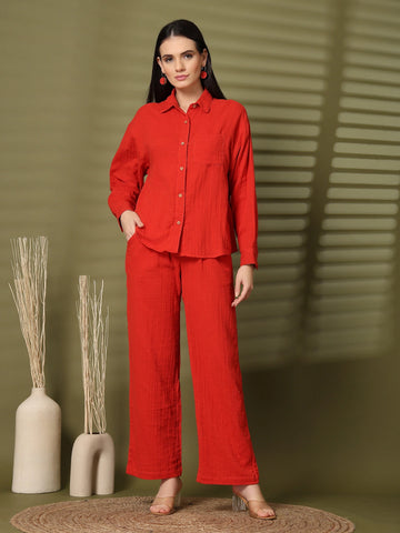 Solid Red Pure Cotton Shirt With Trousers Co-Ords Sets