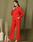 Solid Red Pure Cotton Shirt With Trousers Co-Ords Sets