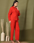 Solid Red Pure Cotton Shirt With Trousers Co-Ords Sets