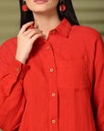 Solid Red Pure Cotton Shirt With Trousers Co-Ords Sets