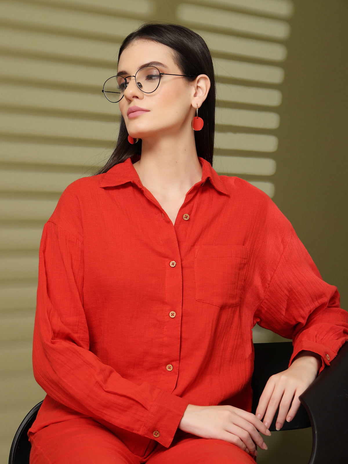 Solid Red Pure Cotton Shirt With Trousers Co-Ords Sets