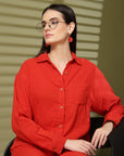 Solid Red Pure Cotton Shirt With Trousers Co-Ords Sets