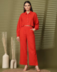 Solid Red Pure Cotton Shirt With Trousers Co-Ords Sets