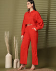 Solid Red Pure Cotton Shirt With Trousers Co-Ords Sets