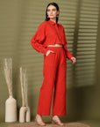 Solid Red Pure Cotton Shirt With Trousers Co-Ords Sets