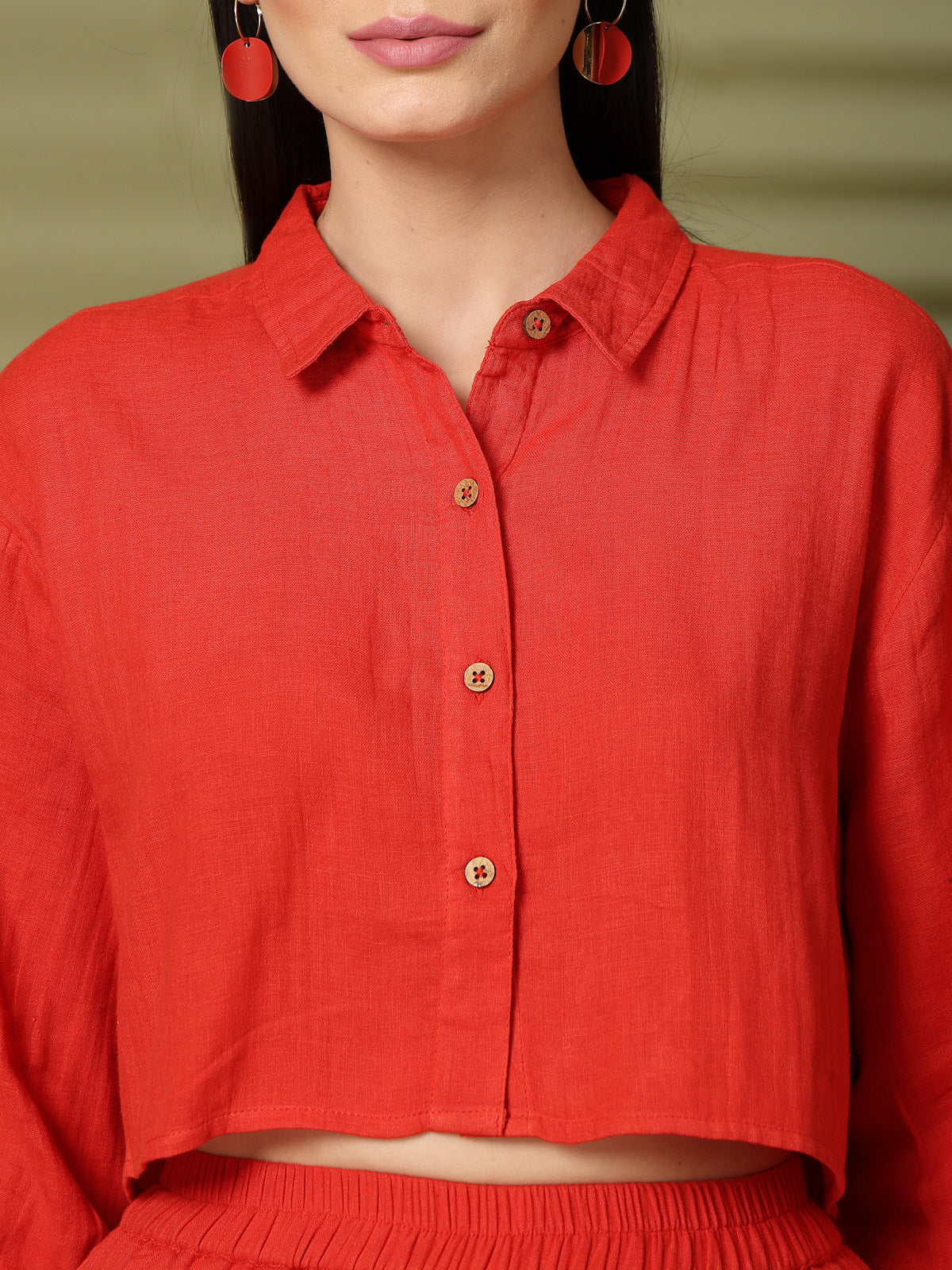 Solid Red Pure Cotton Shirt With Trousers Co-Ords Sets