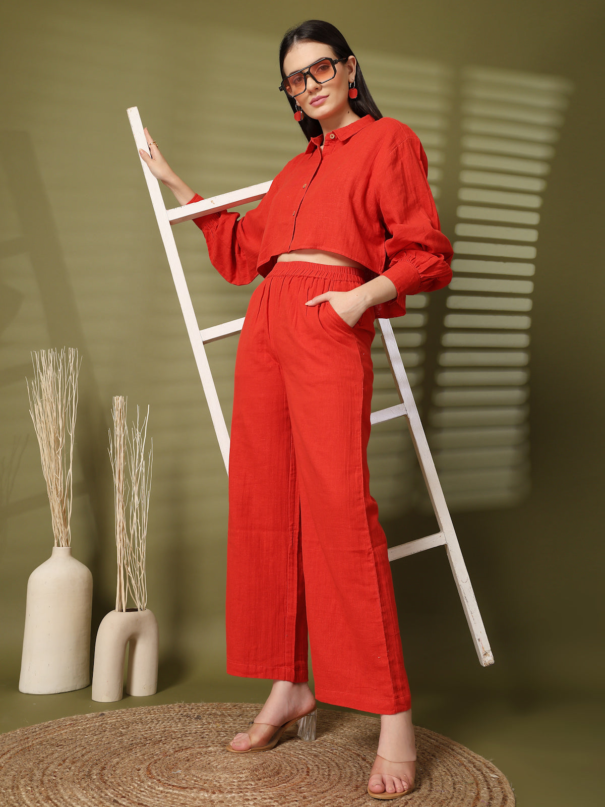 Solid Red Pure Cotton Shirt With Trousers Co-Ords Sets