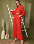 Solid Red Pure Cotton Shirt With Trousers Co-Ords Sets