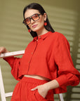 Solid Red Pure Cotton Shirt With Trousers Co-Ords Sets