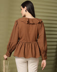 Solid Brown V-Neck Puff Sleeve Empire Top