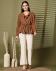 Solid Brown V-Neck Puff Sleeve Empire Top