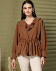 Solid Brown V-Neck Puff Sleeve Empire Top