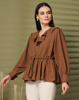 Solid Brown V-Neck Puff Sleeve Empire Top