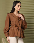 Solid Brown V-Neck Puff Sleeve Empire Top