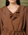 Solid Brown V-Neck Puff Sleeve Empire Top