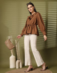 Solid Brown V-Neck Puff Sleeve Empire Top