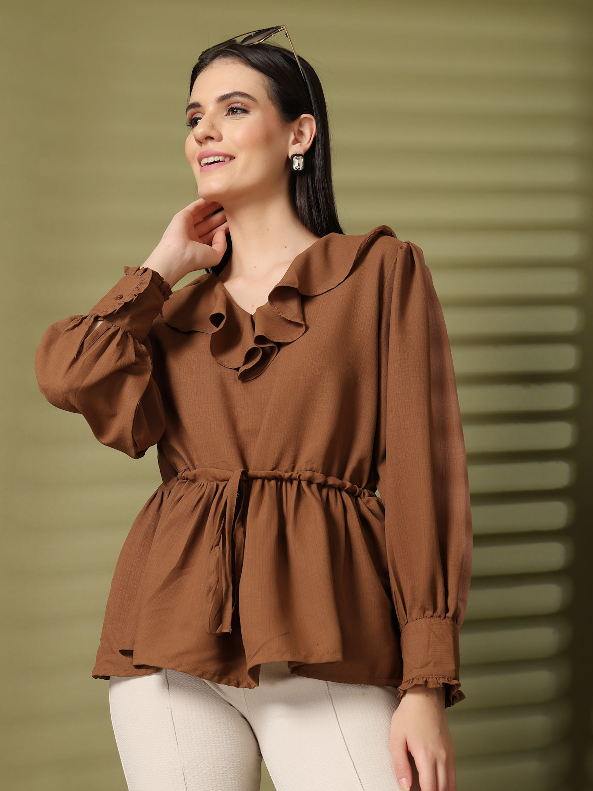 Solid Brown V-Neck Puff Sleeve Empire Top