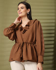 Solid Brown V-Neck Puff Sleeve Empire Top