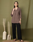 Brown Solid V-Neck Regular Top